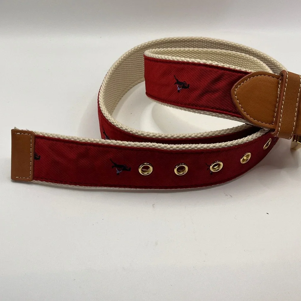 J.McLaughlin Red Canvas Belt with Equestrian Motif Gold Buckle Mens Size‎ M
